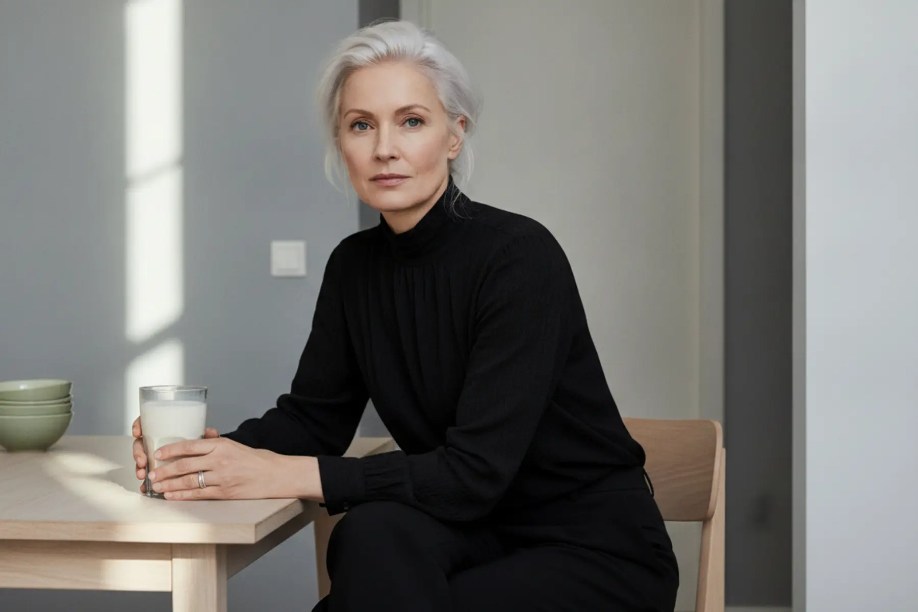Boissons végétales : nos conseils pour remplacer le lait sans carence. 1 Femme blonde platine assise à une table en bois clair tenant un verre de boisson végétale amande, lumière naturelle directionnelle, intérieur épuré