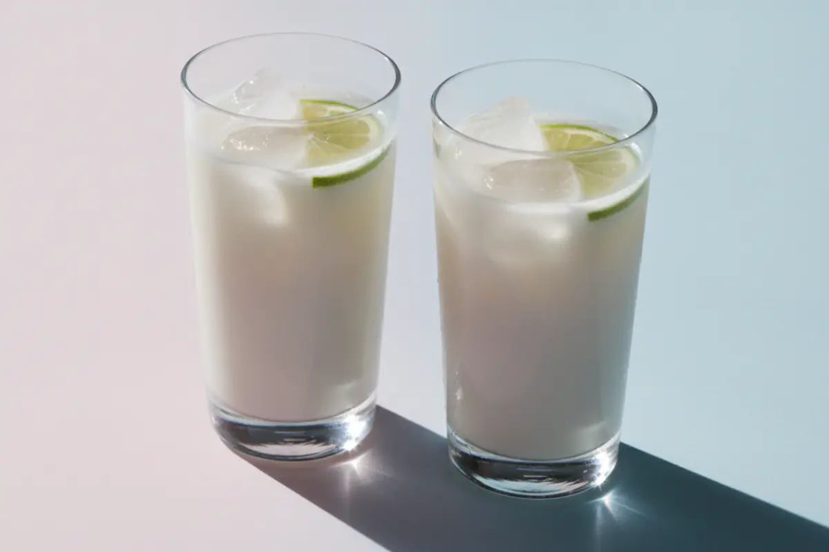 Boissons végétales : nos conseils pour remplacer le lait sans carence. 2 Deux verres de boisson végétale glacée avec rondelles de citron vert sur fond pastel, lumière sculptée et palette désaturée