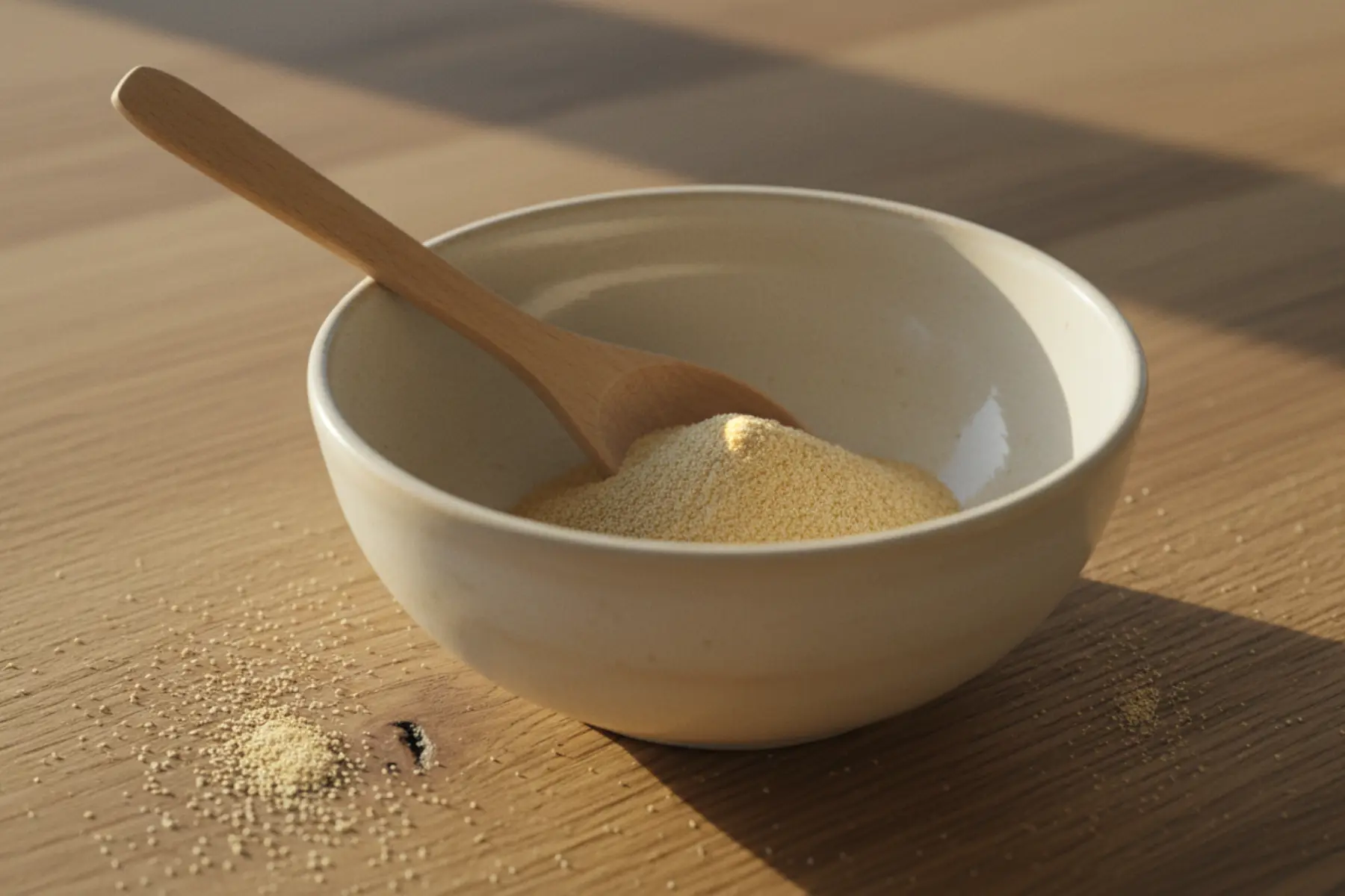 Bol en céramique blanc cassé contenant de la poudre blonde de psyllium, une cuillère en bois de hêtre, lumière dorée de fin d’après-midi.