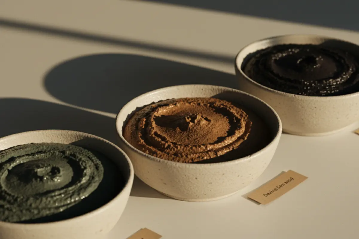 Trois bols de boue : boue marine, boue de la Mer Morte et boue de tourbe, textures naturelles et couleurs organiques.