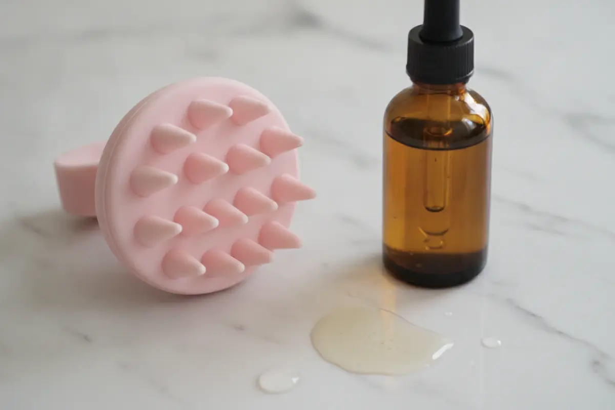 Brosse de massage du cuir chevelu en silicone rose et huile végétale sur un lavabo blanc.