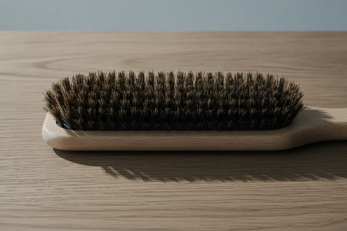 Gros plan éditorial d’une brosse plate en poil de sanglier sur une surface en bois brut, lumière froide.