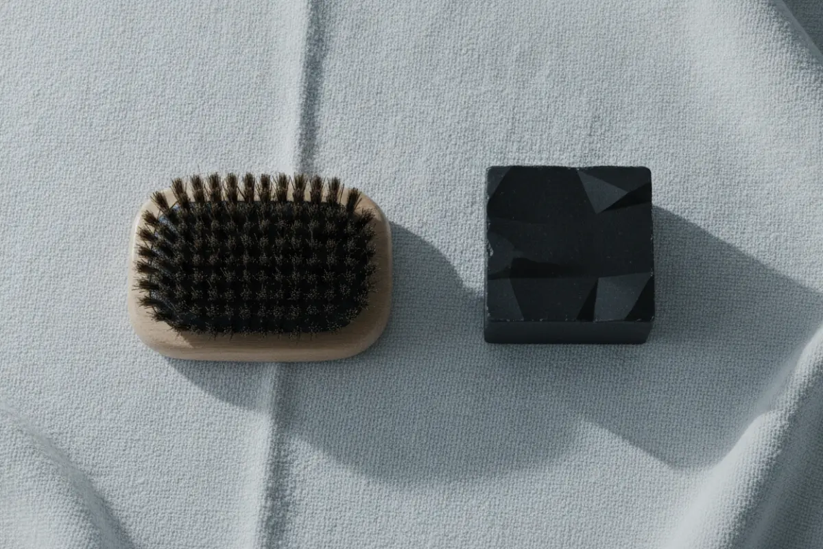 Nature morte : brosse en poil de sanglier et savon noir posés sur une serviette blanche, lumière froide éditoriale.