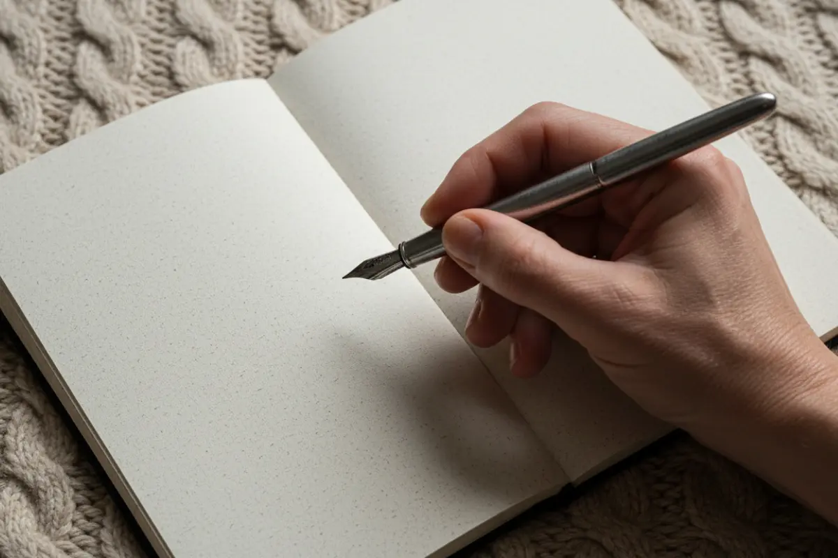 Rêves lucides : pourquoi s'offrir une nuit de conscience fait du bien au corps et à l'esprit 2 Main de femme tenant un carnet ouvert et un stylo plume, posé sur une couverture en maille épaisse. Journal des rêves.
