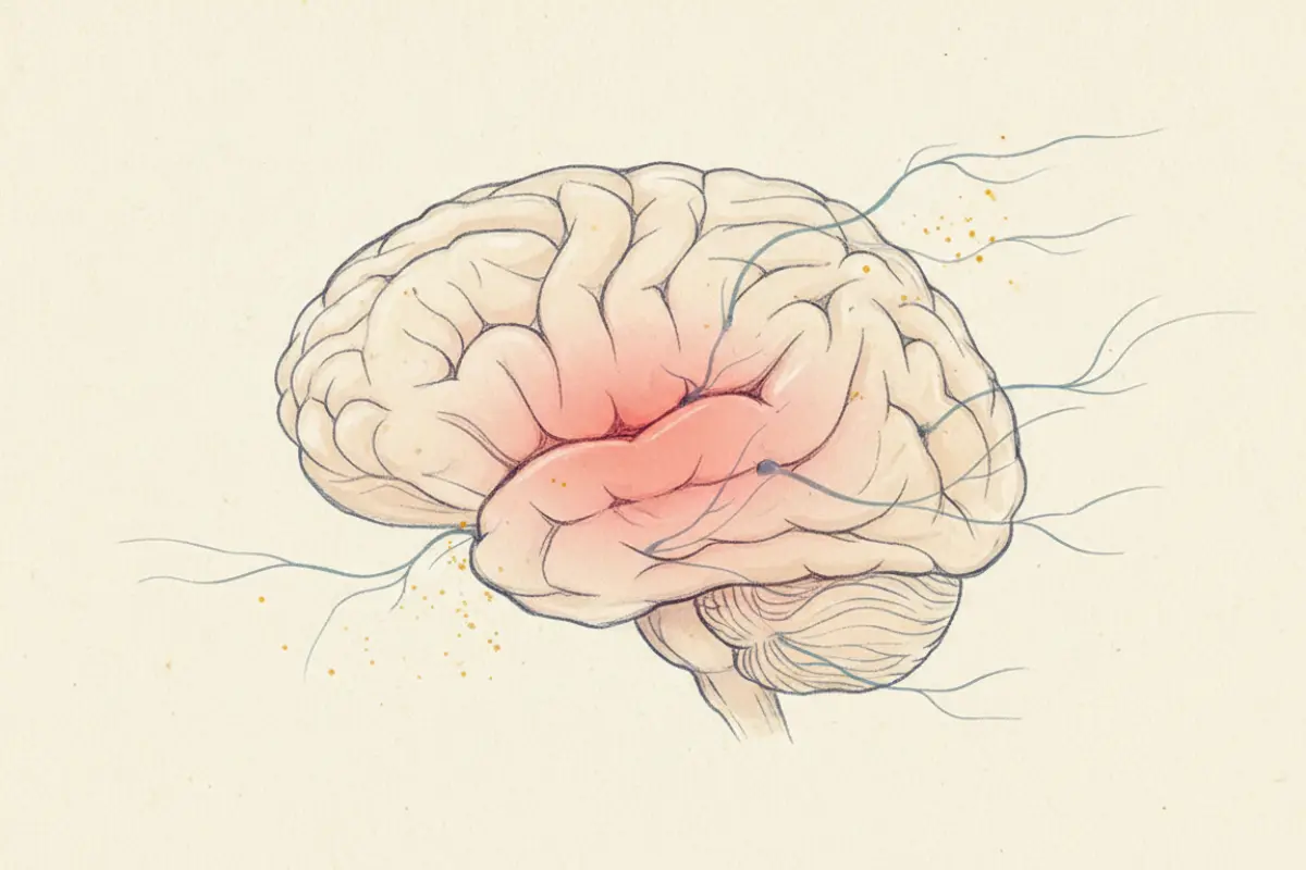 Illustration schématique du cerveau humain avec l’hippocampe en lumière rose et les zones du sommeil lent léger mises en valeur