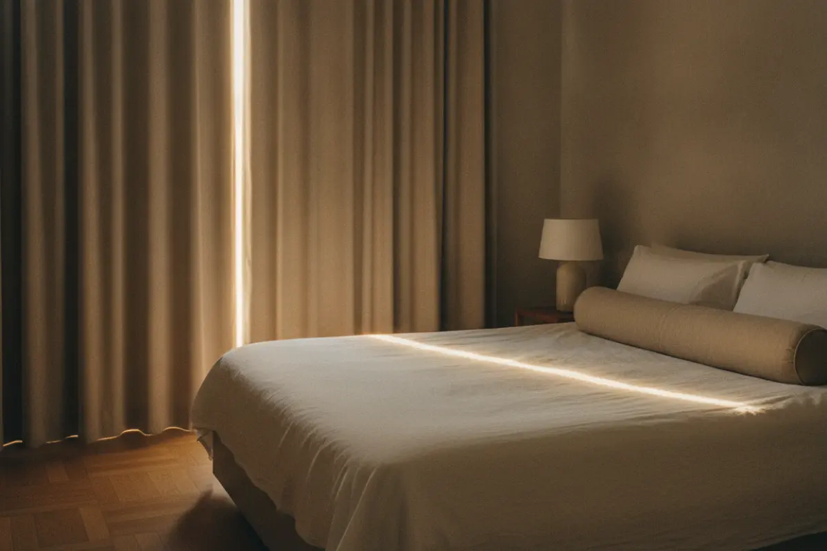 Chambre épurée avec literie blanche et rideaux épais, aucune lumière d’écran visible.