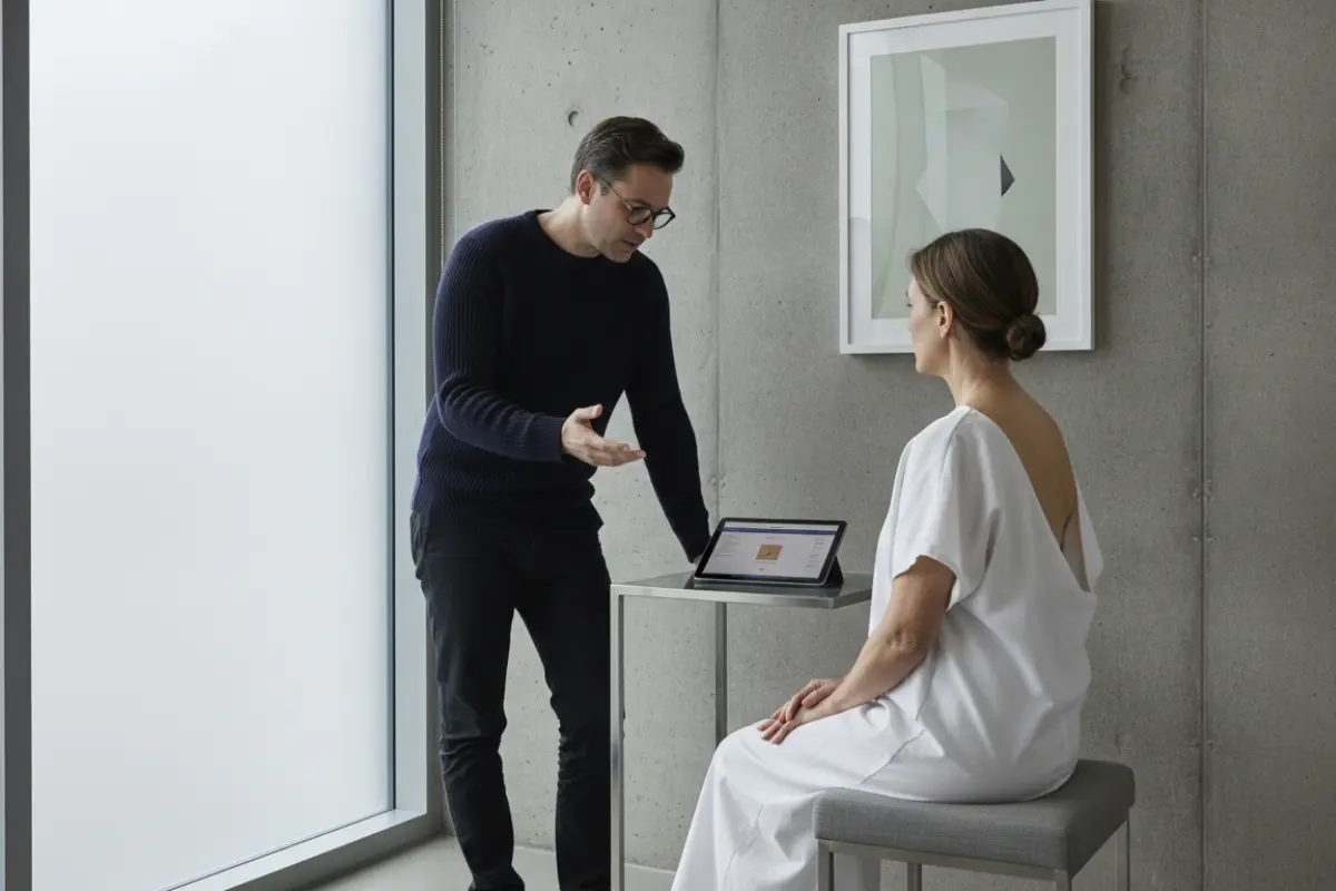 Chirurgie esthétique après 40 ans : ce qu’il faut vraiment savoir avant de se décider. 4 Chirurgien esthétique en consultation avec une patiente assise, ambiance médicale calme et professionnelle