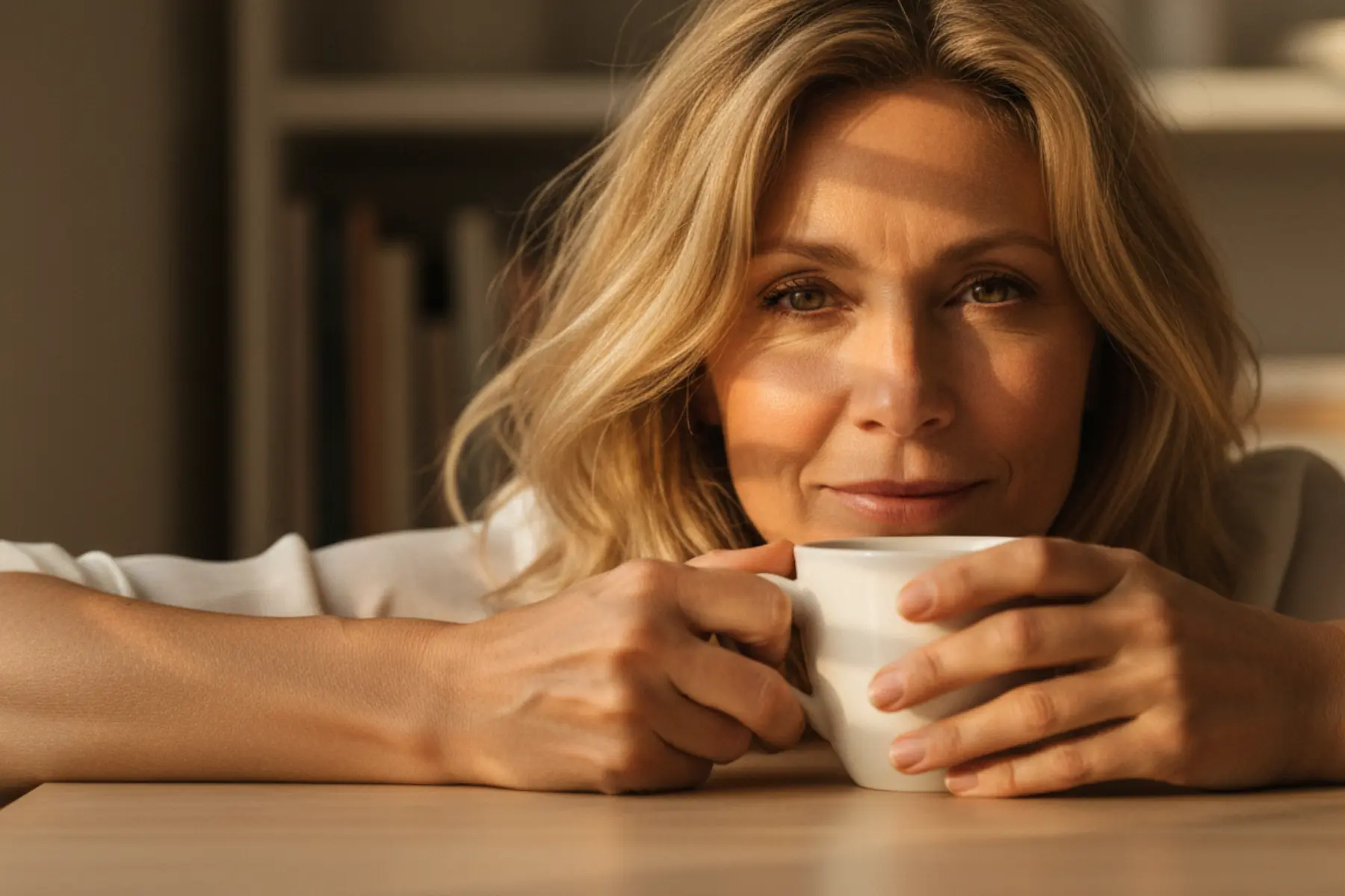 Pourquoi prendre du collagène après 40 ans ? 1 Femme blonde d’environ 45 ans souriant sereinement, tasse à la main, lumière naturelle rasante sur sa peau vivante