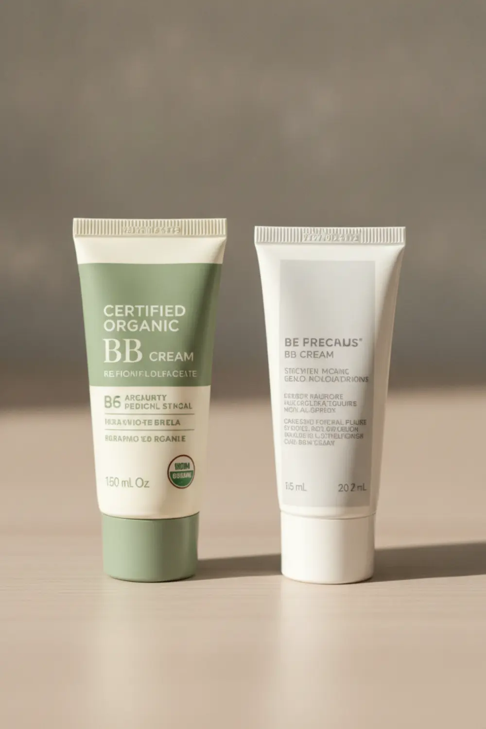 Deux tubes de BB crème côte à côte, un bio et un conventionnel, étiquette INCI volontairement floutée pour neutralité.