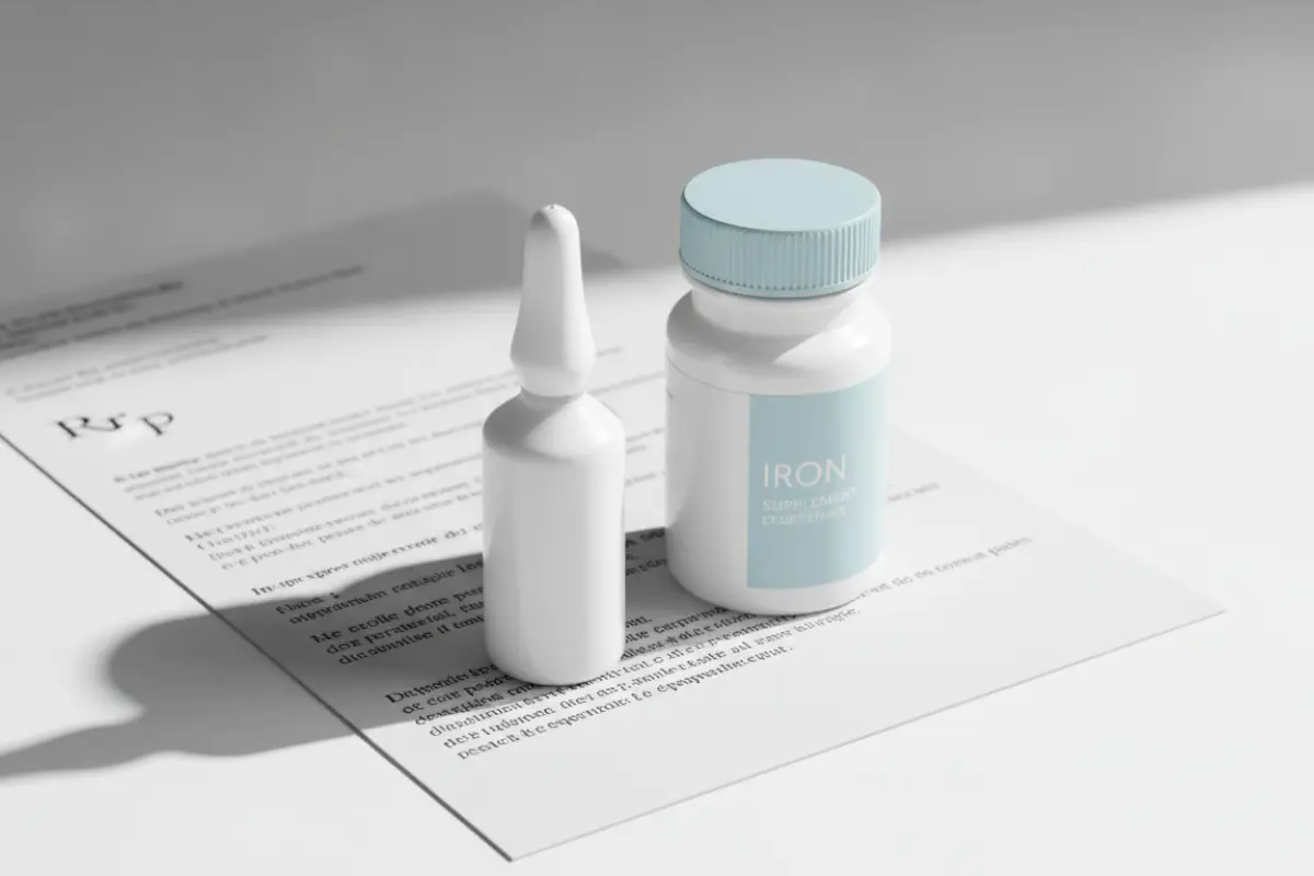 Multivitamines : danger ou utilité ? On fait le point sur ce qui est vraiment nécessaire. 3 Photographie minimaliste de deux flacons de vitamine D et de fer posés sur une ordonnance, illustrant une supplémentation ciblée après avis médical.