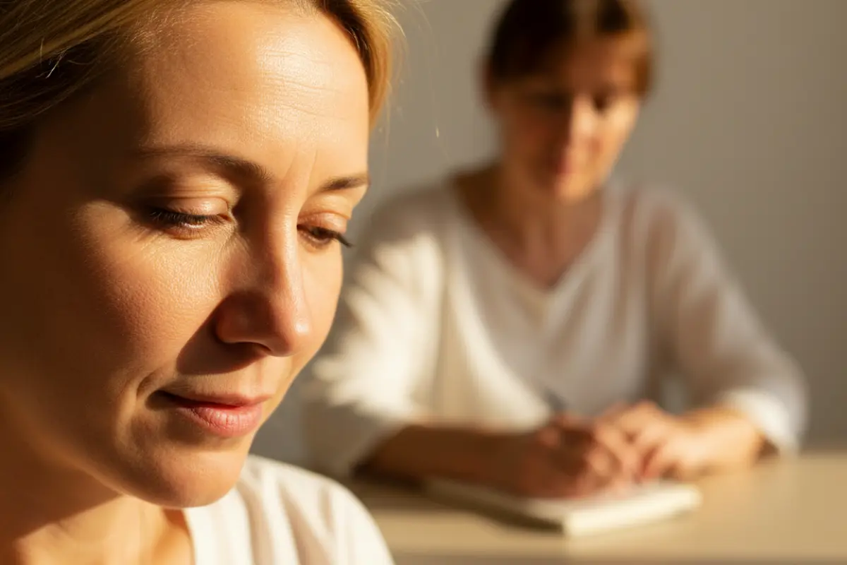 Les bienfaits de la naturopathie après 40 ans pour rester en pleine forme 4 Femme qui parle avec un naturopathe dans un bureau clair, lumière solaire rasante, peau réelle