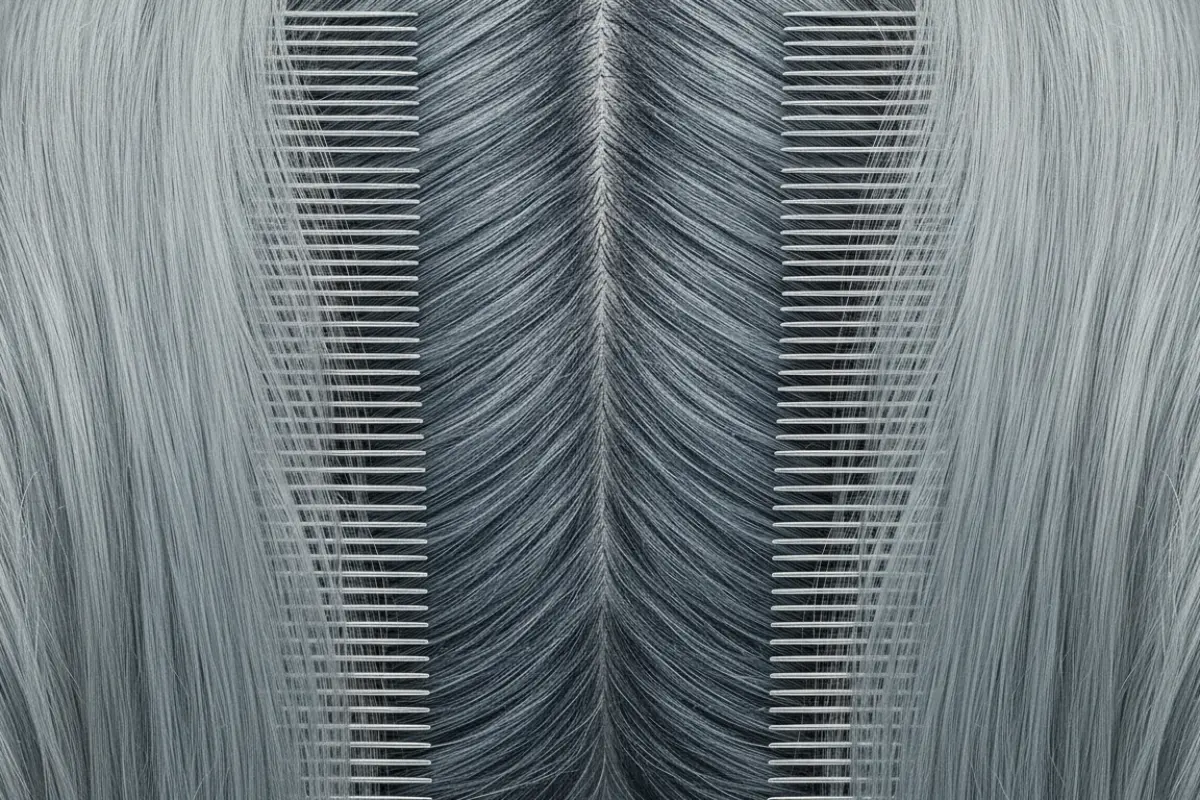 Vue de dessus d’un cuir chevelu sain avec cheveux blonds écartés, raie centrale, lumière médicale de luxe.