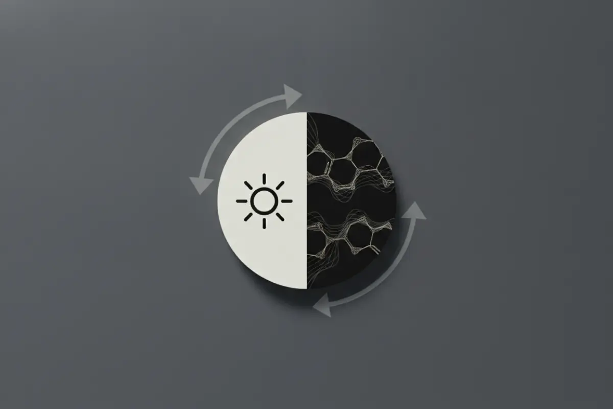 Luminothérapie : le protocole pour dissiper la fatigue hivernale 2 Schéma du cycle circadien : soleil levant, baisse de mélatonine et hausse de sérotonine illustrées par un cercle divisé en clair et sombre.