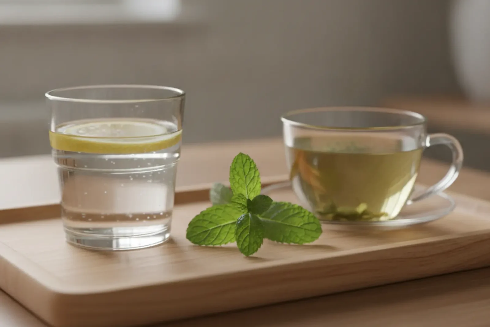 Verre d'eau citronnée et tasse de thé vert sur un plateau en bois.