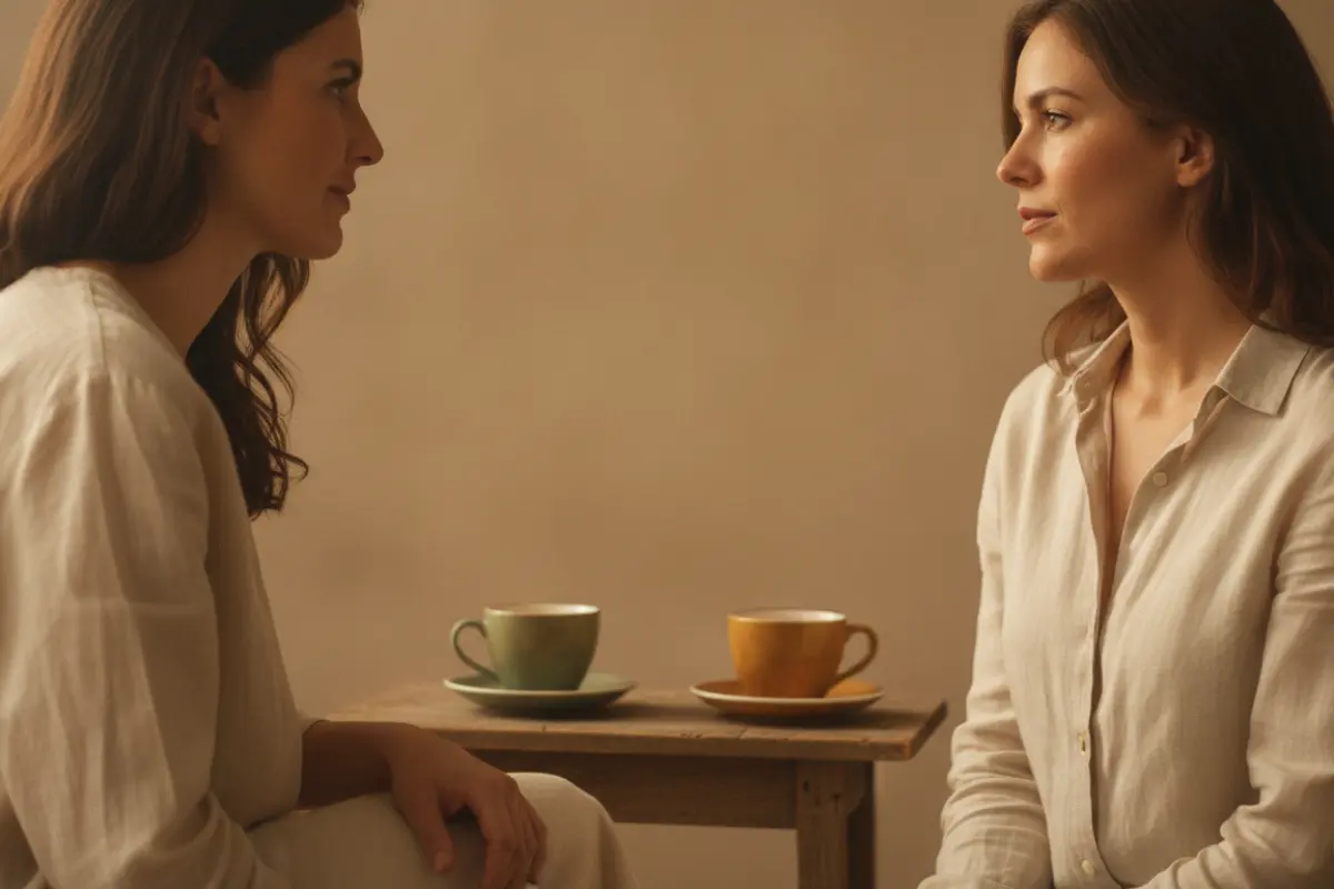 La présence : ce qui se joue lors d’une séance de sophrologie 2 Sophrologue et sa cliente échangeant autour d'une tasse de thé lors d'un entretien personnalisé.