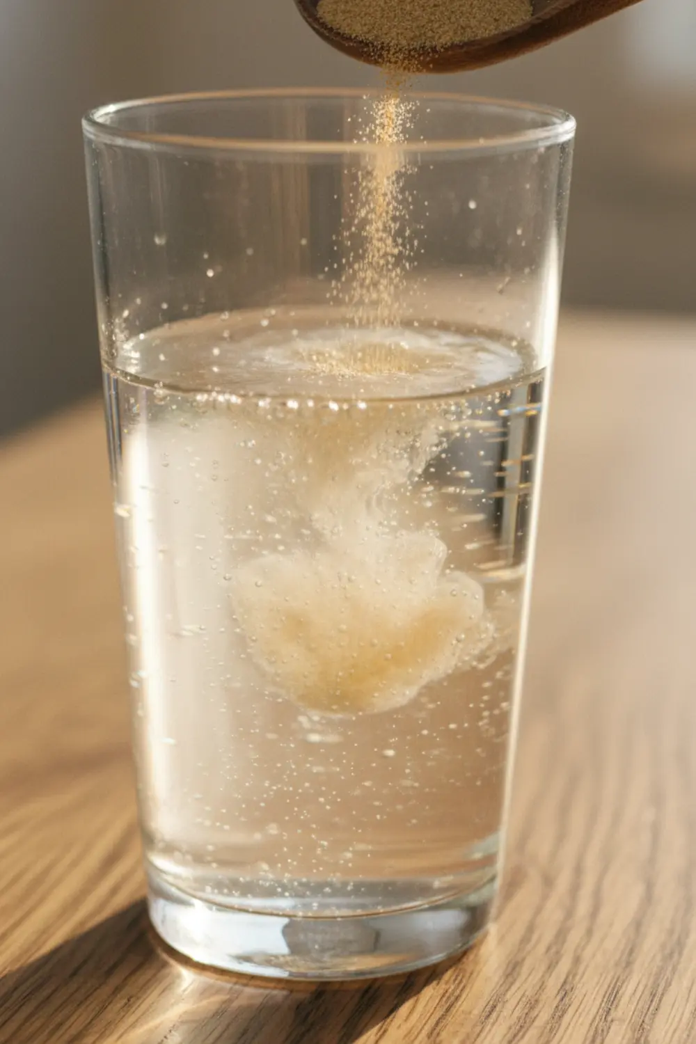 Verre d’eau gazeuse avec bulles, poudre blonde de psyllium versée doucement, reflets dorés sur une table en chêne brut.