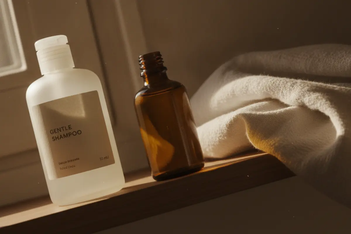 Irritation du cuir chevelu après 40 ans : les vraies causes et les gestes qui changent tout 4 Étagère de salle de bain épurée avec shampoing doux, huile végétale et serviette blanche en lin