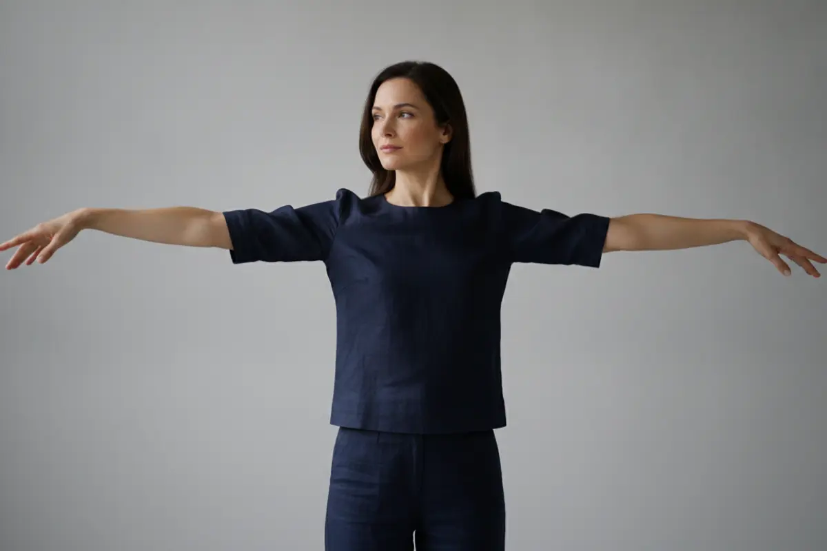 La présence : ce qui se joue lors d’une séance de sophrologie 3 Femme debout les bras écartés, pratiquant un exercice de respiration en sophrologie sur fond neutre.