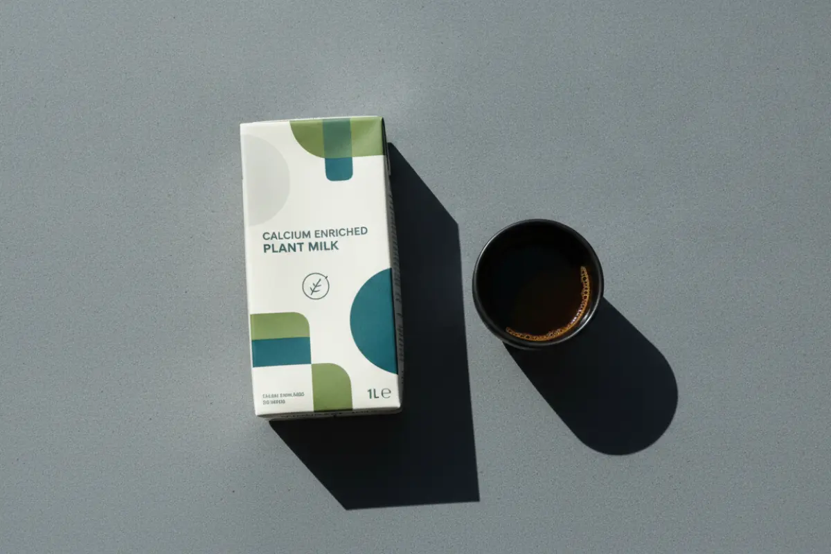 Boissons végétales : nos conseils pour remplacer le lait sans carence. 4 Boîte de boisson végétale enrichie en calcium posée à côté d'un café, alternative au lait de vache pour le petit-déjeuner