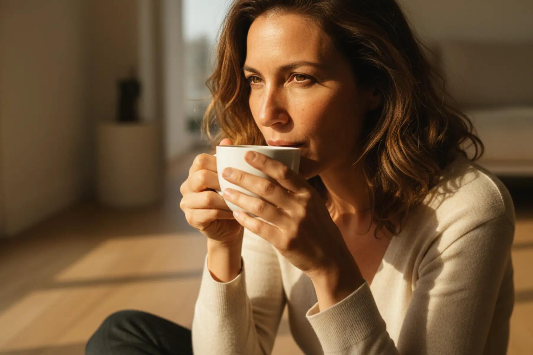 Médecine ayurvédique : comment traverser la périménopause en douceur 1 Femme de 40 ans assise en tailleur buvant une infusion ayurvédique dans une tasse blanche, lumière naturelle dorée, peau vivante et taches de rousseur.