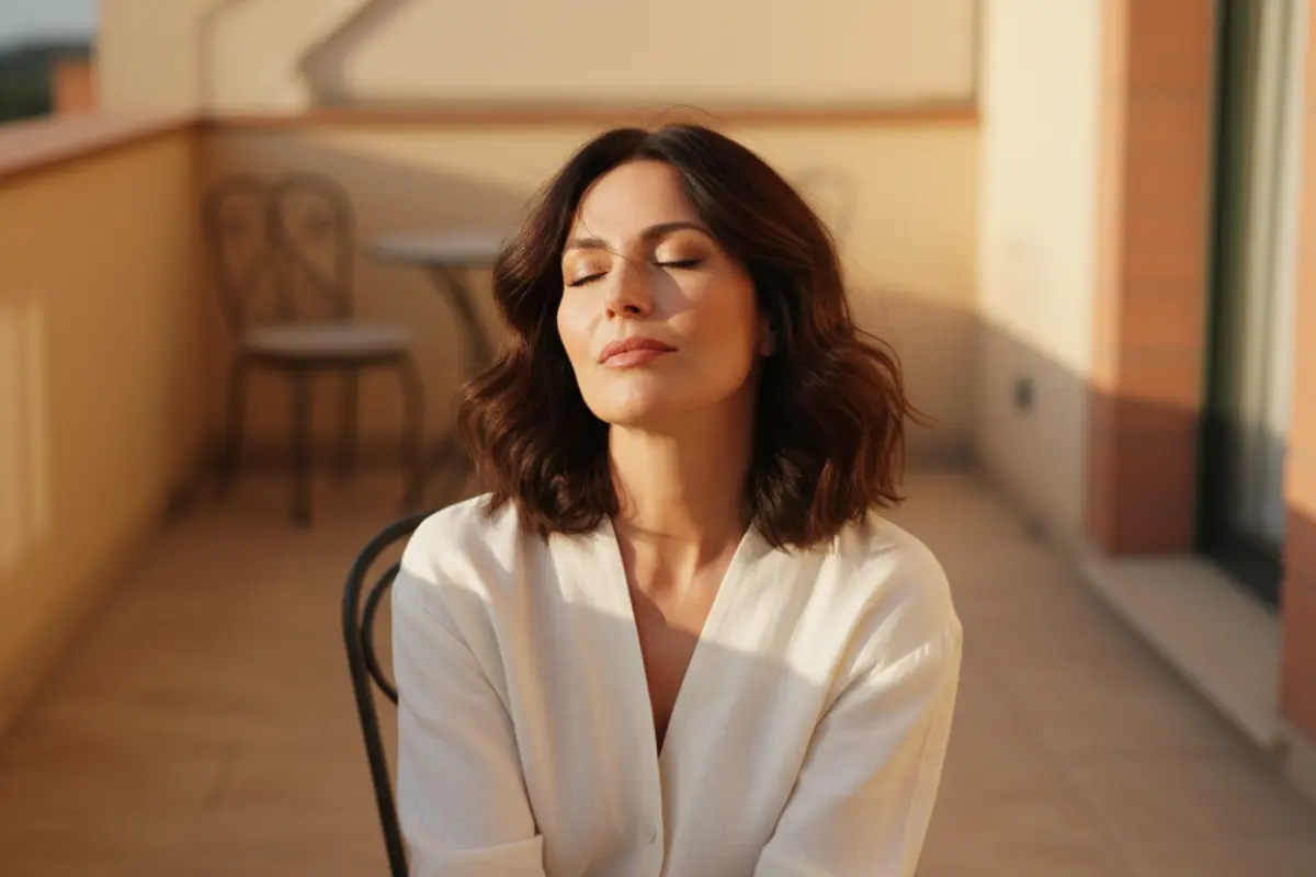 Quelle routine beauté pour le visage après 40 ans ? Nos conseils tout en douceur 1 Plan large d’une femme brune d’une quarantaine d’années assise en terrasse, visage caressé par un vent léger, lumière dorée.