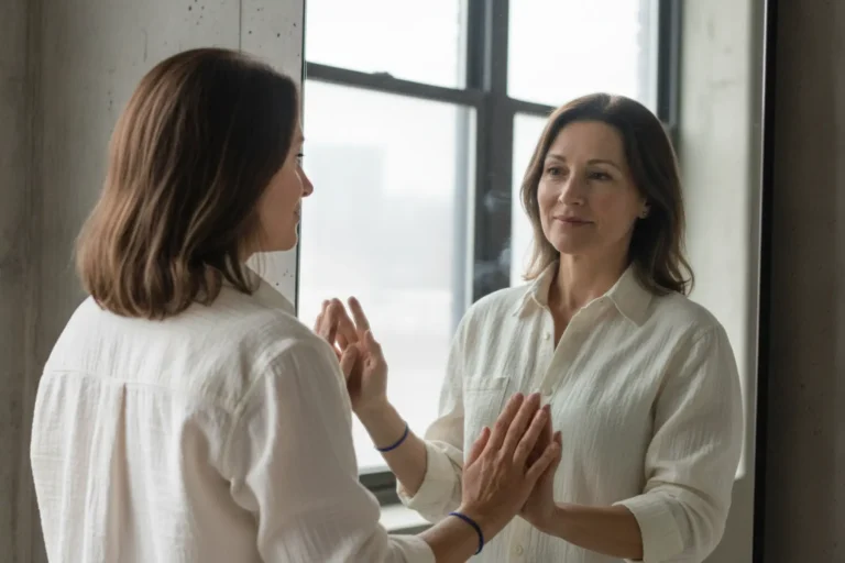 Chirurgie esthétique après 40 ans : ce qu’il faut vraiment savoir avant de se décider. 15 Femme de 45 ans souriant devant un miroir, après une chirurgie esthétique, regard serein et confiance retrouvée