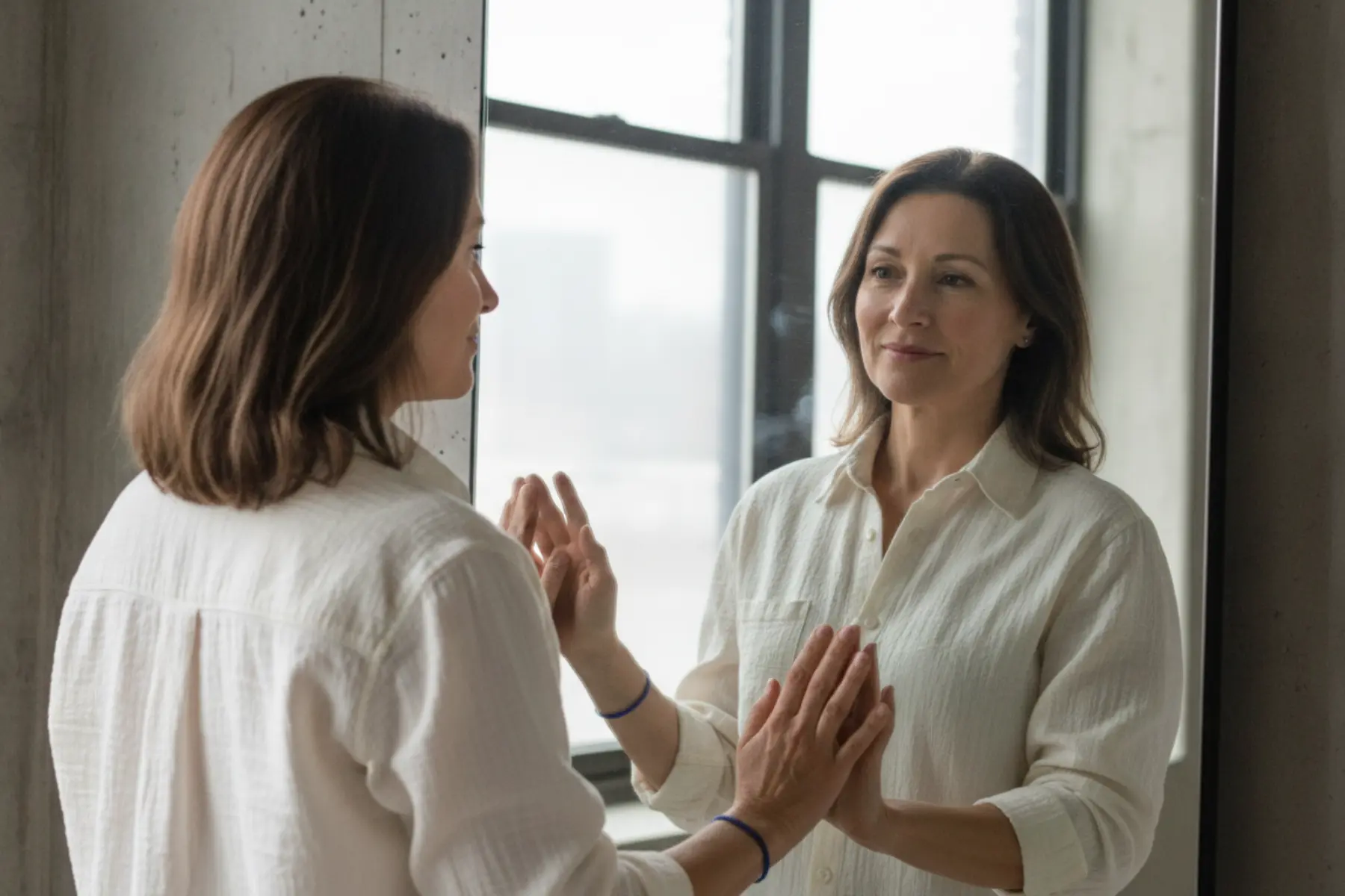 Chirurgie esthétique après 40 ans : ce qu’il faut vraiment savoir avant de se décider. 1 Femme de 45 ans souriant devant un miroir, après une chirurgie esthétique, regard serein et confiance retrouvée