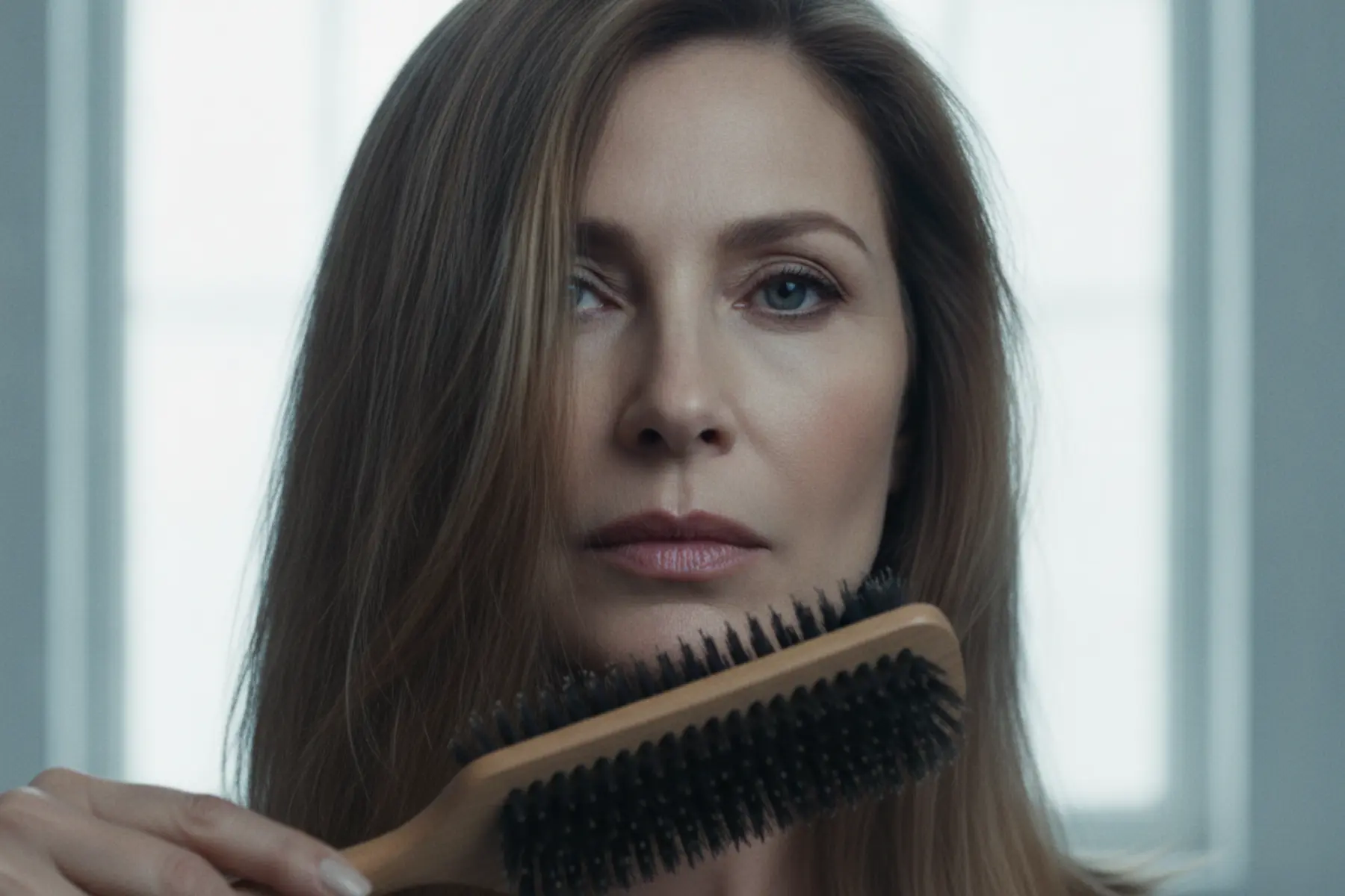 Femme de 50 ans se brossant les cheveux avec une brosse en poil de sanglier devant une fenêtre, style éditorial luxe.