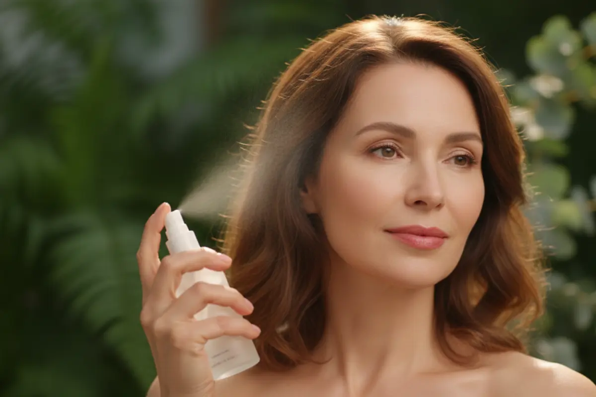 Une routine beauté naturelle après 40 ans : ce qui marche vraiment 3 Portrait épaules d’une femme la cinquantaine au visage apaisé, tenant un spray d’eau florale, fond flou végétal. Sa routine beauté naturelle matinale.