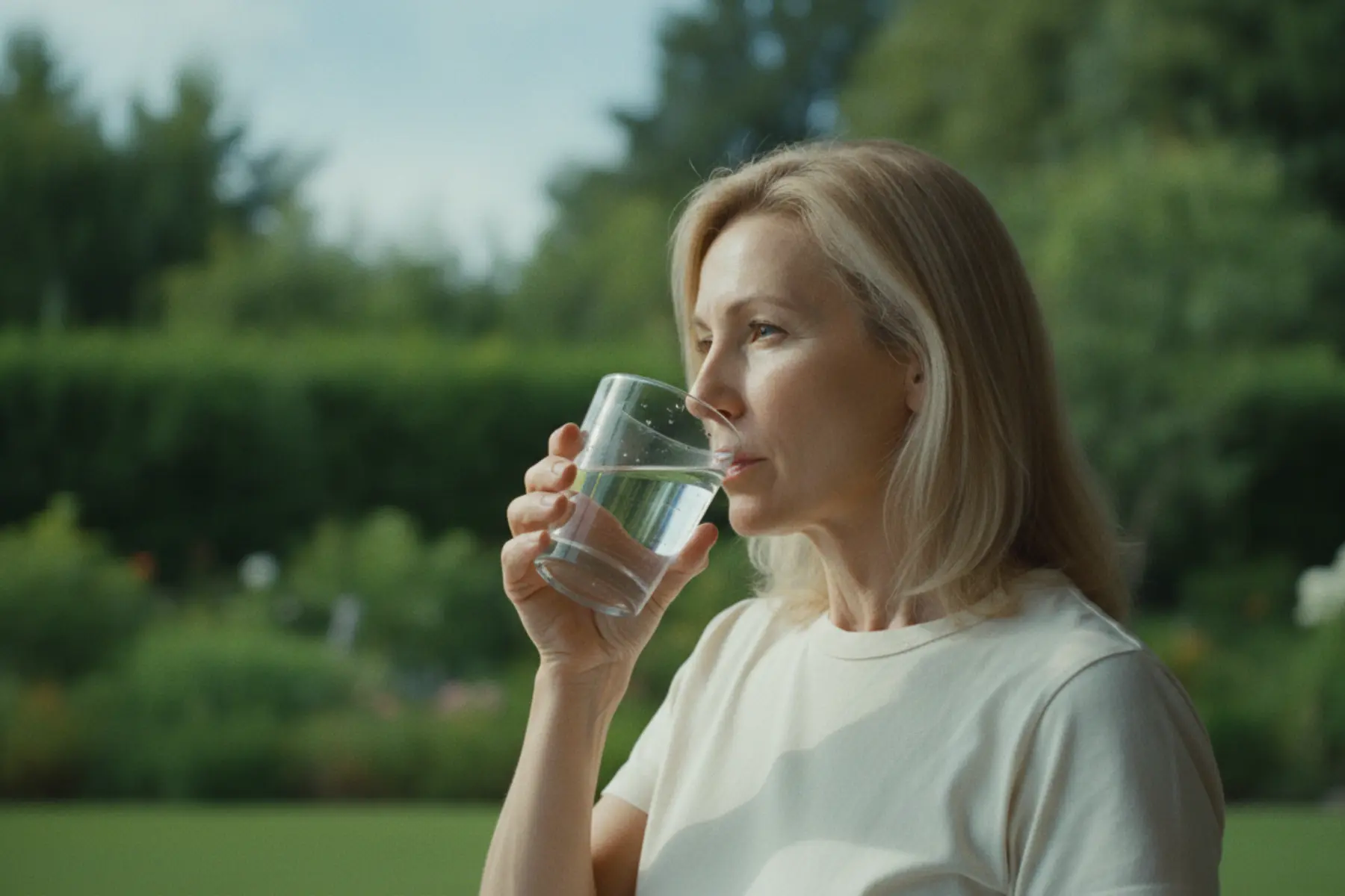 Routine matinale : ces habitudes qui soutiennent l’énergie jusqu’au soir 1 Femme de 50 ans buvant un verre d’eau près d’une fenêtre ensoleillée, routine matinale au calme, style éditorial