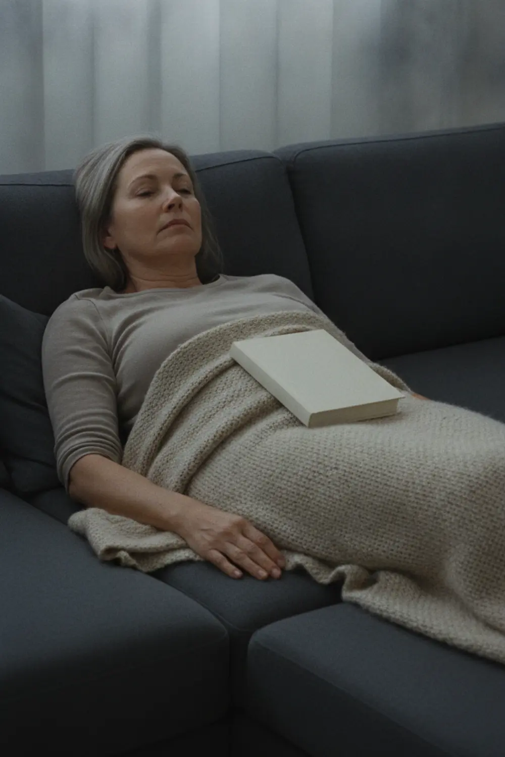 Ces signaux physiques qui révèlent une dépression que vous n'avez pas encore identifiée 5 Femme allongée sur un canapé gris, couverture en laine beige, livre fermé sur le ventre.