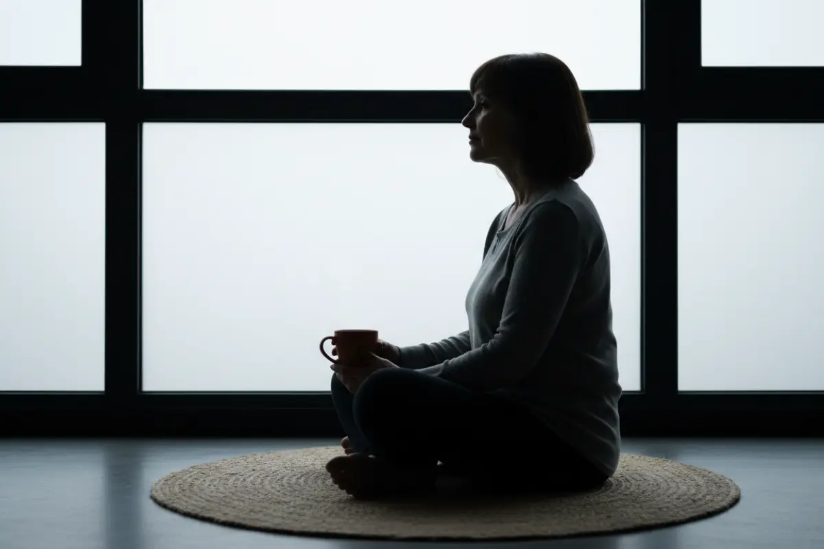 Rêves lucides : pourquoi s'offrir une nuit de conscience fait du bien au corps et à l'esprit 3 Femme assise en tailleur sur un tapis de sol, fenêtre en contre-jour, tasse de thé fumant. Rituel calme.