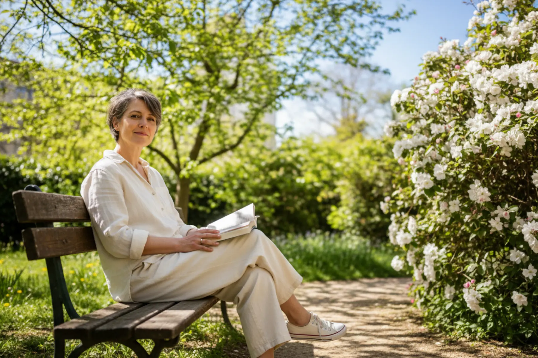 Slow living : pourquoi ralentir préserve votre santé après 40 ans 1 Femme de 48 ans assise sur un banc dans un parc au printemps, regard apaisé, lumière naturelle joyeuse, style slow living