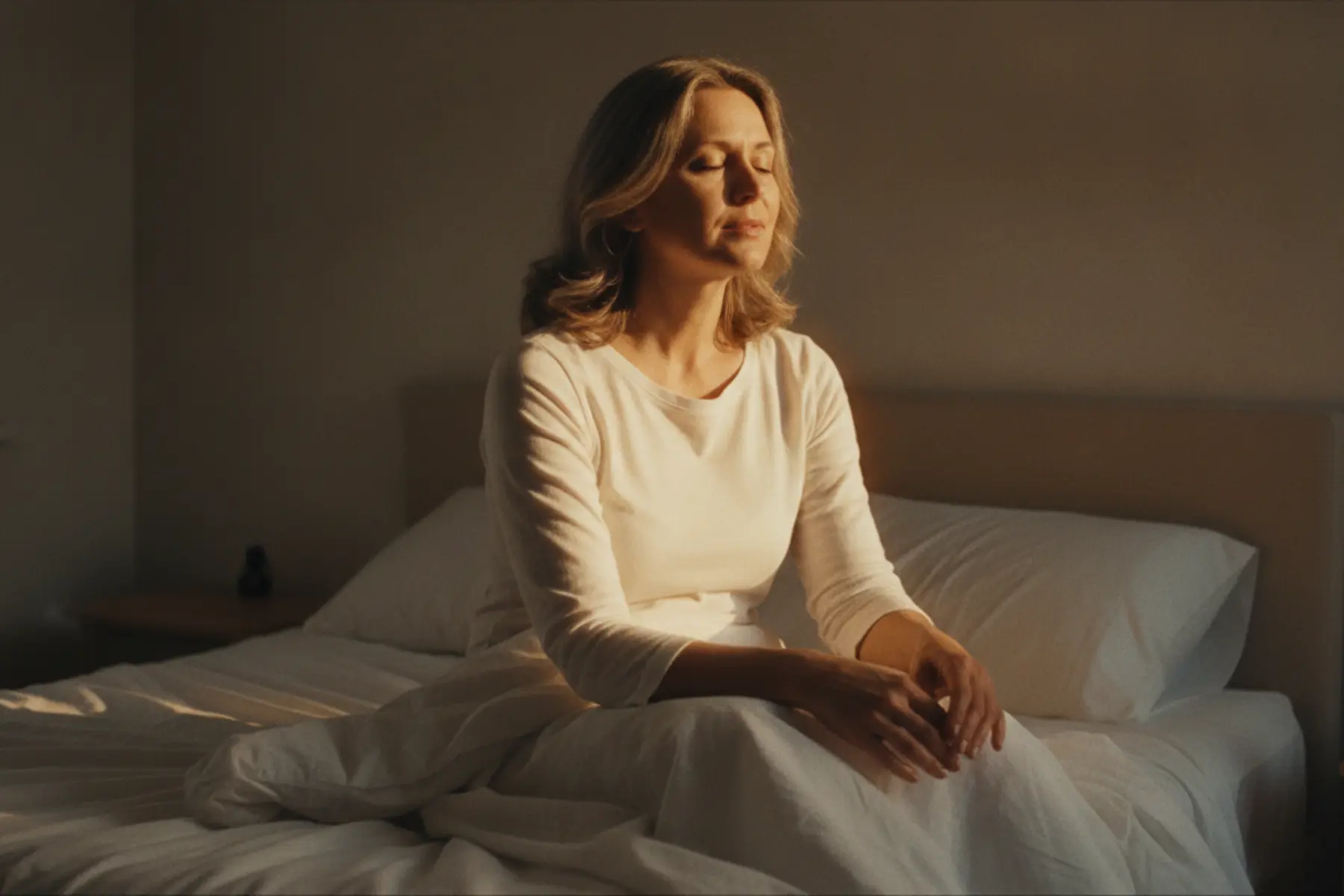 Femme d’une cinquantaine d’années assise sur son lit au réveil, lumière chaude du matin, ambiance sommeil de qualité.