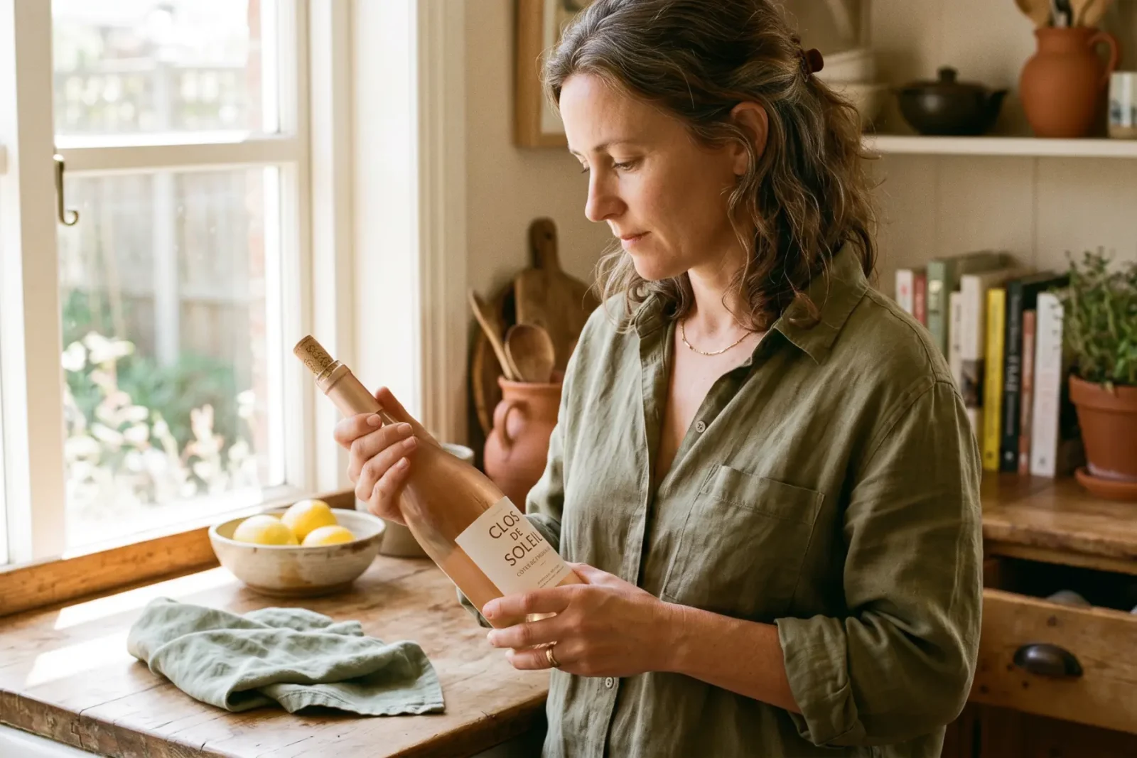Femme de 40 ans choisit une bouteille de rosé dans une cuisine lumineuse, style éditorial nature