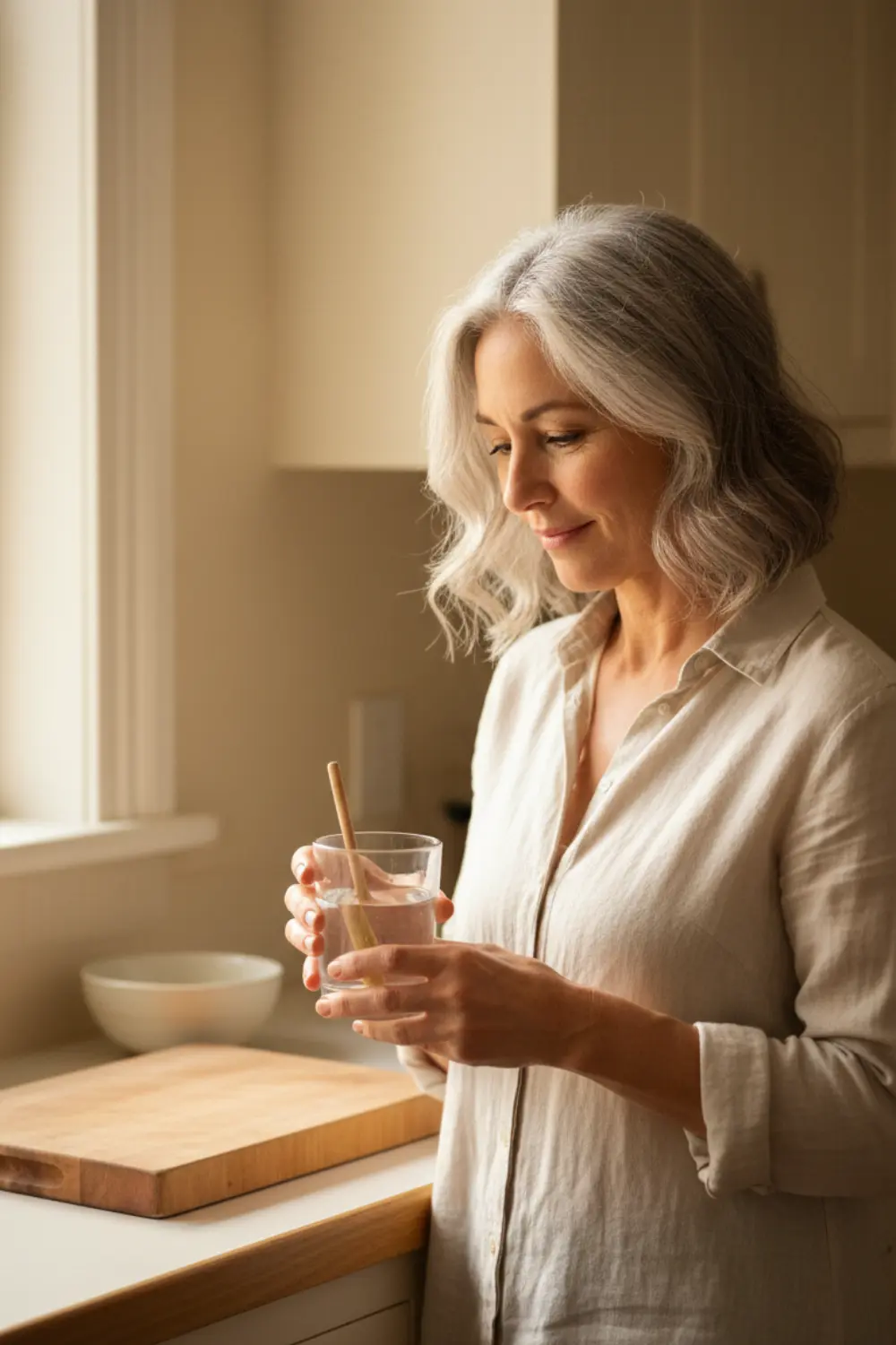 Femme d’une cinquantaine d’années aux cheveux gris naturels, sourire paisible, préparant son verre d’eau avec du psyllium dans une cuisine baignée de soleil.