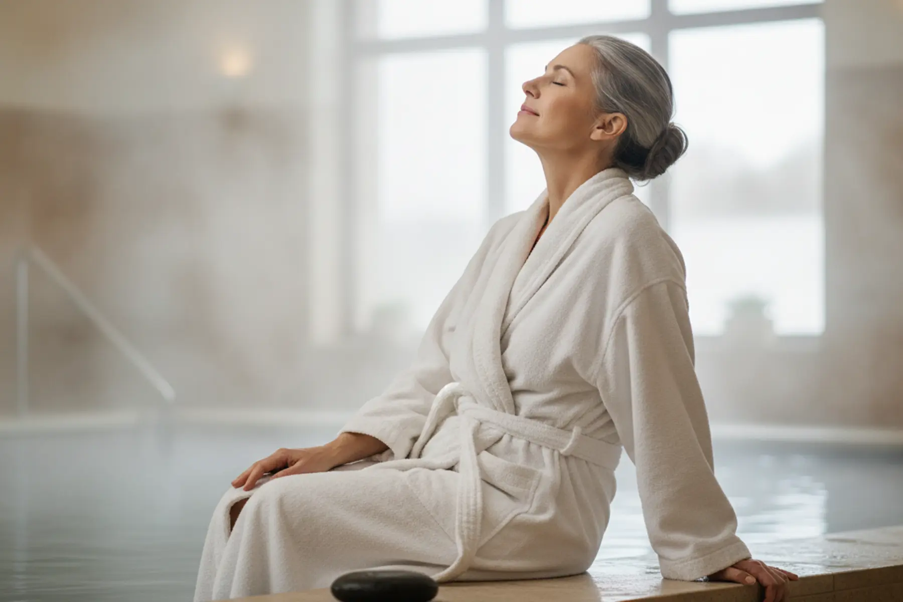 Bienfaits des cures thermales. Femme de 50 ans aux cheveux gris en peignoir blanc fermant les yeux savourant la vapeur d'un bassin thermal intérieur.