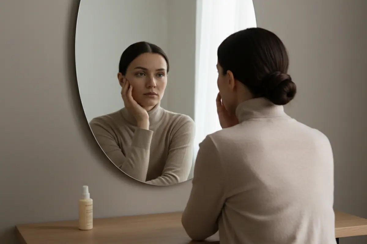 Femme assise face à un miroir, main sur la joue, réflexion calme, soins esthétiques et bien-être.
