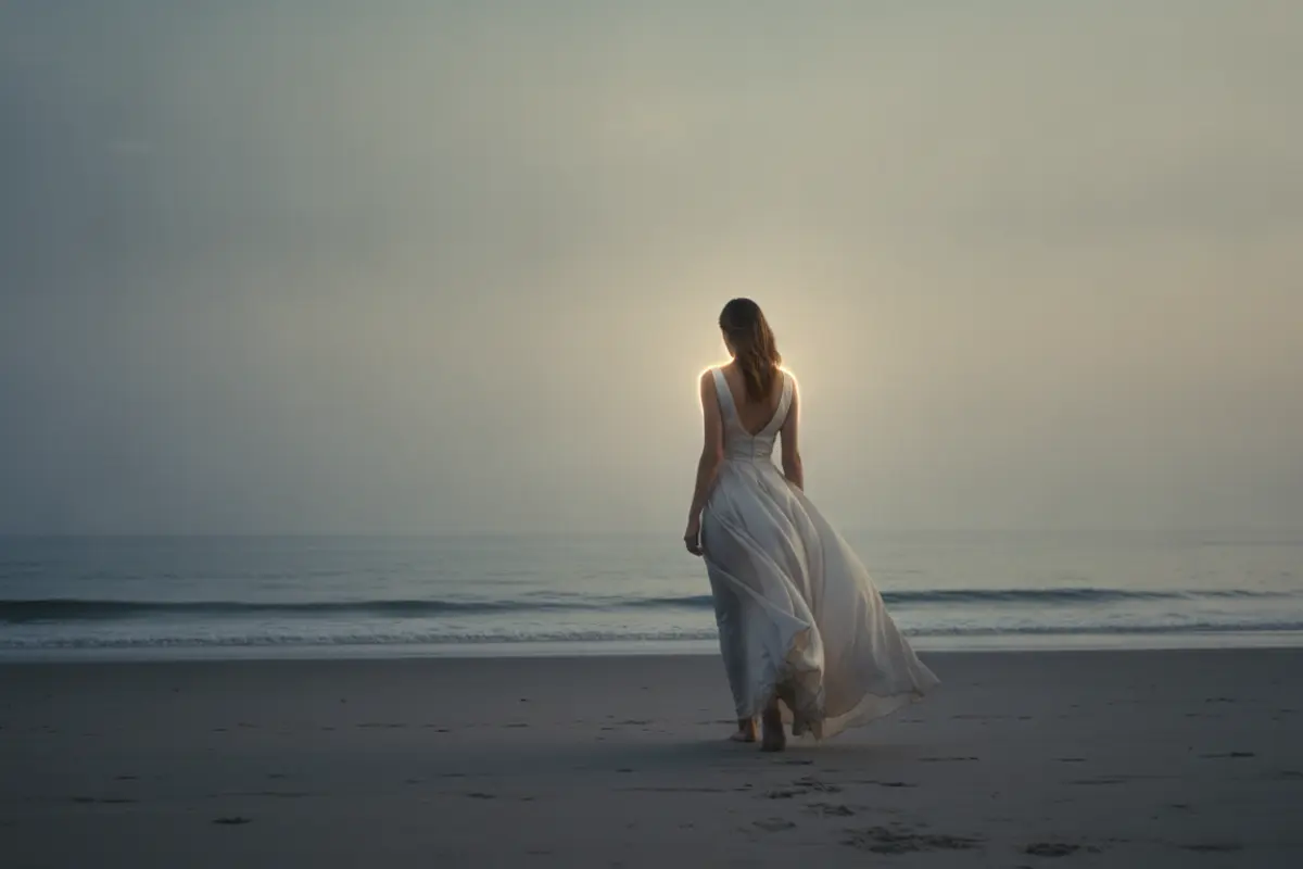 Multivitamines : danger ou utilité ? On fait le point sur ce qui est vraiment nécessaire. 4 Femme de 50 ans marchant pieds nus sur la plage au coucher du soleil, illustrant la sérénité et l’élégance d’une vie équilibrée.