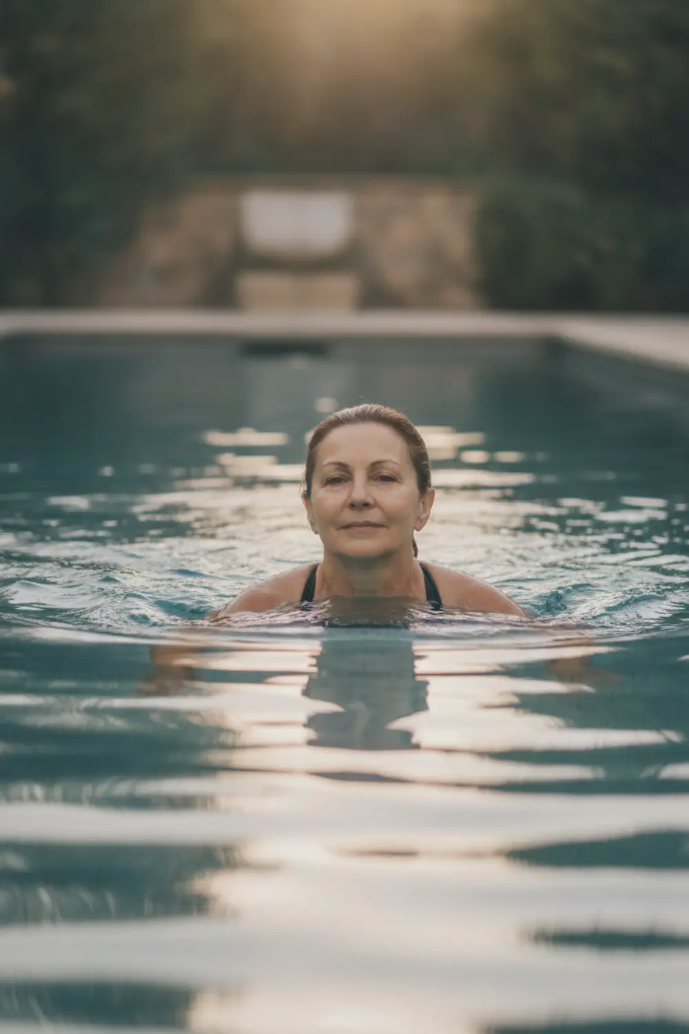 Femme nageant en crawl vue de trois quarts dos, eau calme et lumineuse, mouvement fluide dans la piscine sans focus sur le chlore.