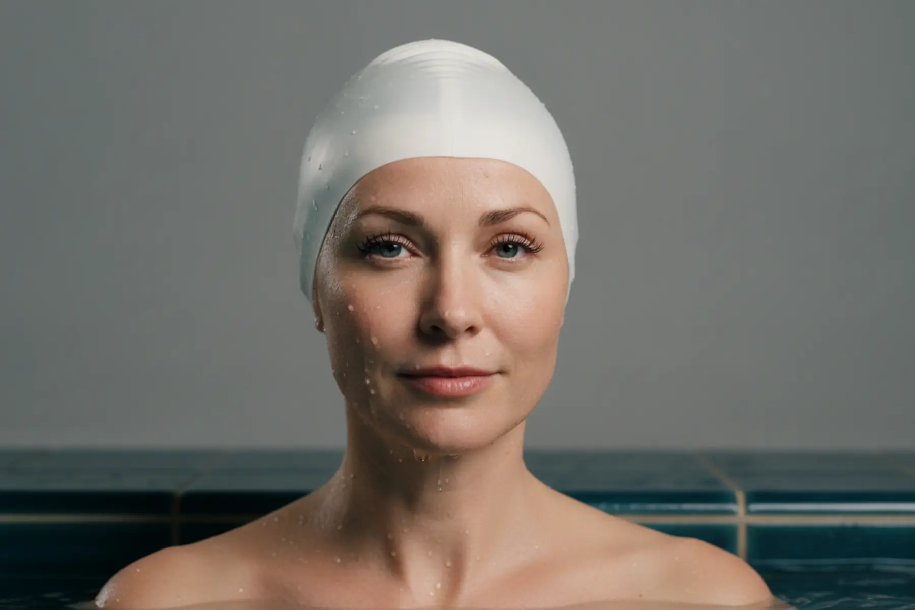 Femme de 40 ans sortant de l’eau avec un bonnet de bain en silicone, peau naturelle et cheveux mouillés après la piscine