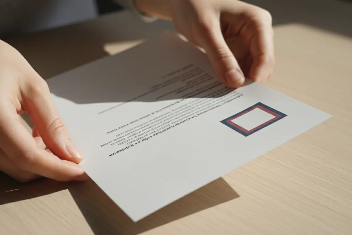 Mains tenant une fiche produit soins esthétiques avec mentions légales visibles et cadre officiel.