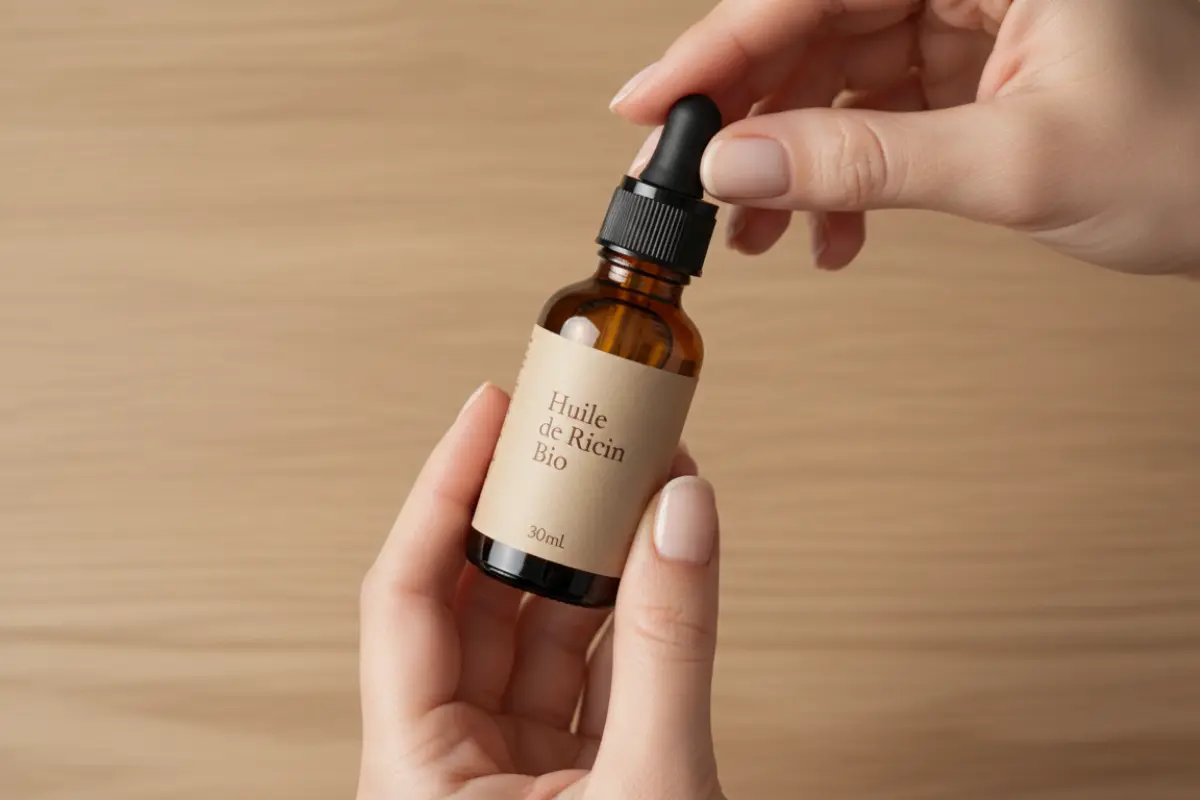 Les bienfaits de l’huile de ricin pour une peau mature et un regard reposé 4 Mains tenant un petit flacon d’huile de ricin bio, fond bois clair