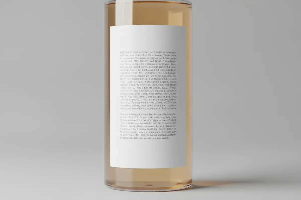 Sublimer la densité de vos cheveux après quarante ans 3 Flacon transparent de soin capillaire avec étiquette détaillant la liste INCI, fond neutre, lumière de studio.