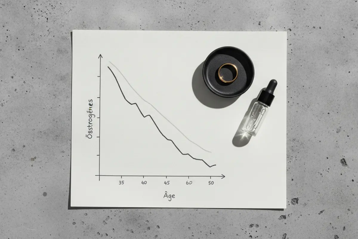 Chirurgie esthétique après 40 ans : ce qu’il faut vraiment savoir avant de se décider. 2 Graphique montrant la baisse des œstrogènes après 40 ans et le relâchement progressif de la peau