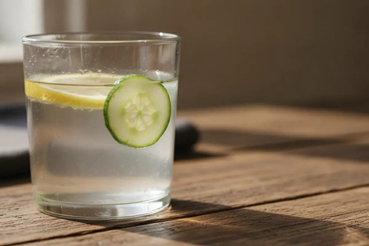 Routine matinale : ces habitudes qui soutiennent l’énergie jusqu’au soir 2 Gros plan sur un verre d’eau tiède avec une tranche de citron, sur une table en bois clair, style still life éditorial