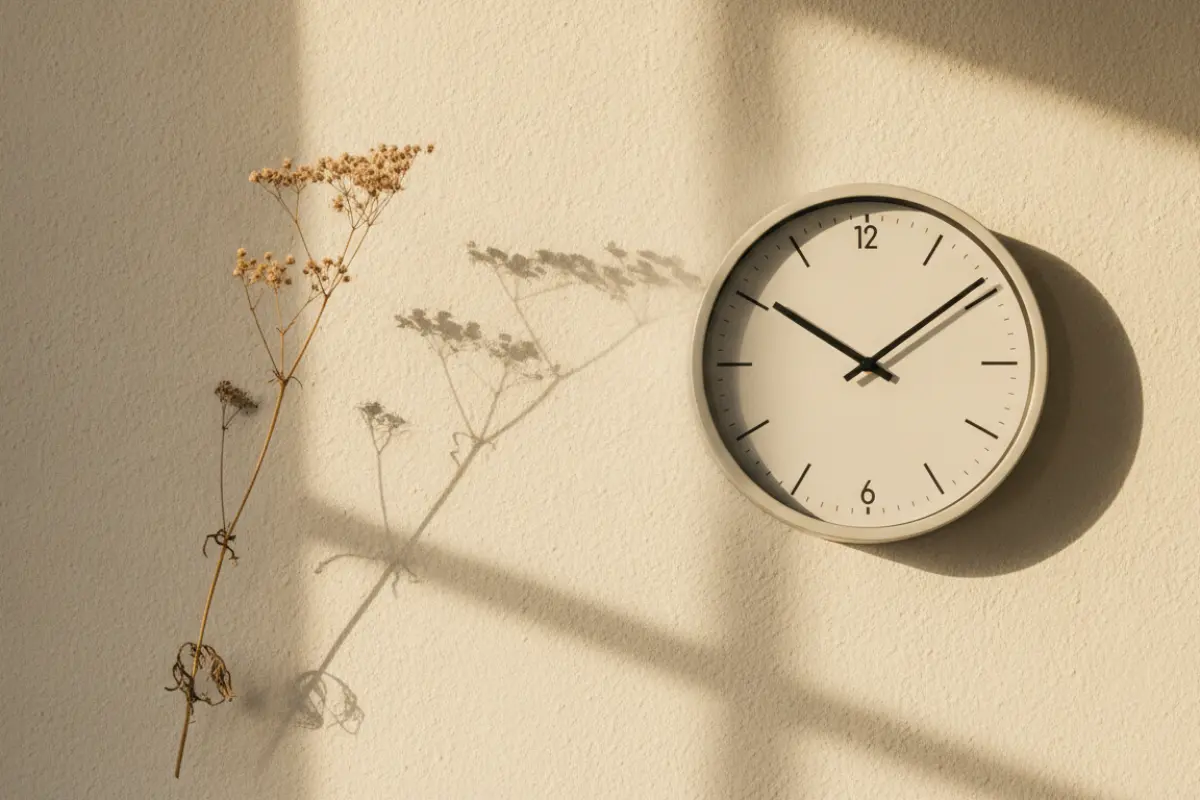 Horloge vintage indiquant 13h avec ombre portée sur un mur blanc, évoquant la fenêtre idéale 13h-15h pour la sieste