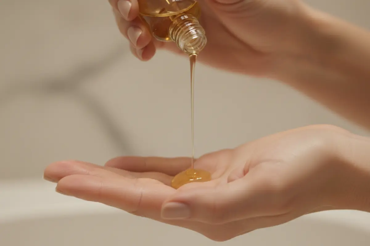 Quelle routine beauté pour le visage après 40 ans ? Nos conseils tout en douceur 2 Gros plan de mains versant une huile démaquillante dans une paume, fond flou et ambiance tamisée pour le rituel du soir.