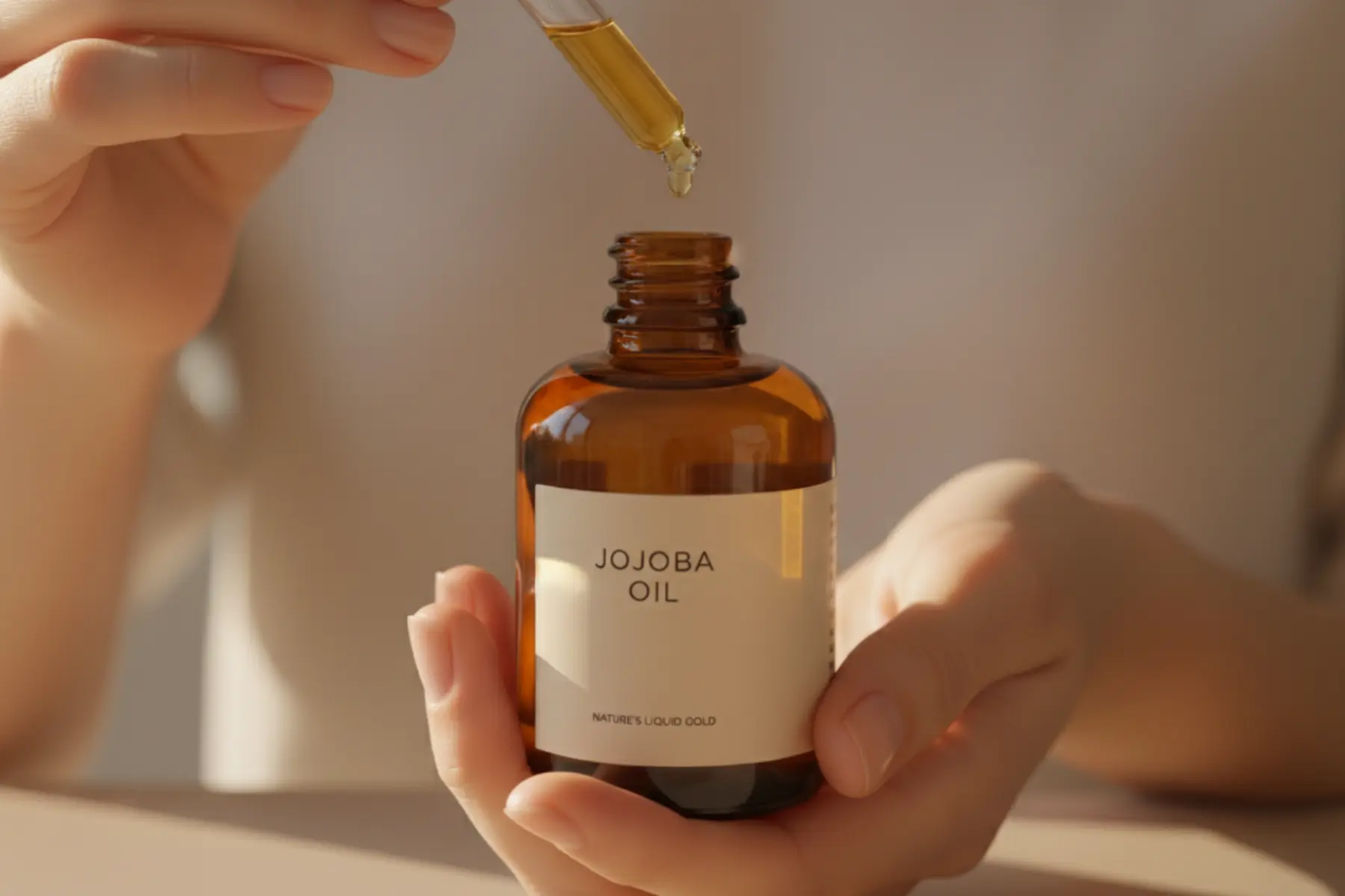 Une routine beauté naturelle après 40 ans : ce qui marche vraiment 1 Mains féminines tenant un flacon en verre ambré d’huile de jojoba, lumière rasante du matin, soin visage naturelle après 40 ans.