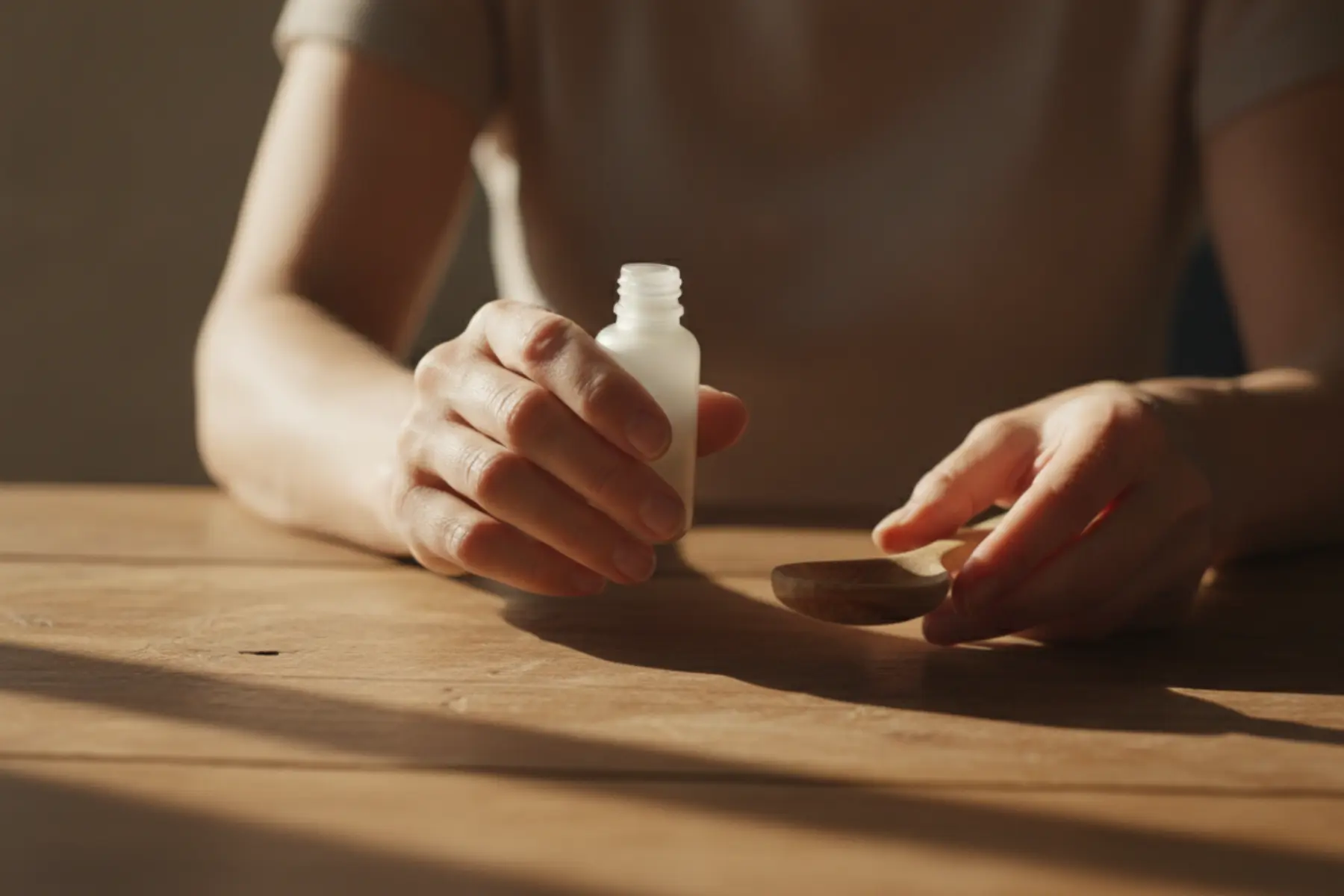 les secrets de l'huile de lin, le supplément végétal pour votre équilibre. 1 Femme tenant une bouteille d'huile de lin sur une table en bois, lumière naturelle.